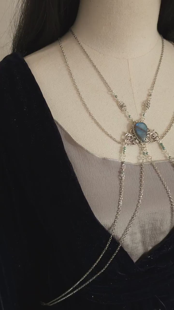 Bodychain "Meanlée" ~ Körperschmuck mit Labradorit ~ Größenverstellbar ~ Fantasy Accessoire ~ Bauchtanz, Fantasy, Cosplay