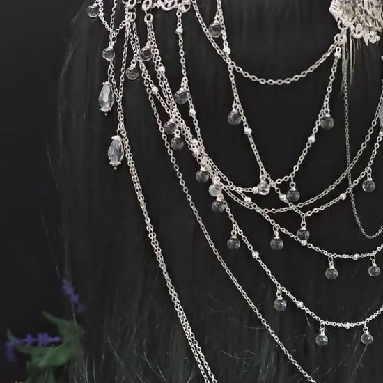 Art Nouveau Kristall Headpiece – Silbernes Ketten Haarteil mit Glasperlen, Rhodium Filigree, Bridal Tiara, Fantasy Elfen Kopfschmuck