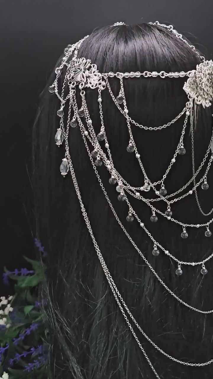 Art Nouveau Kristall Headpiece – Silbernes Ketten Haarteil mit Glasperlen, Rhodium Filigree, Bridal Tiara, Fantasy Elfen Kopfschmuck