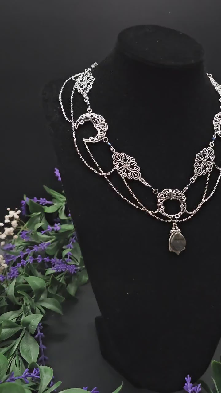 Mondcollier mit Labradorit ~ Art Nouveau Halskette ~ Witchy Mond Schmuck ~ Wicca ~ Edelstahl & Rhodium ~ Größenverstellbar