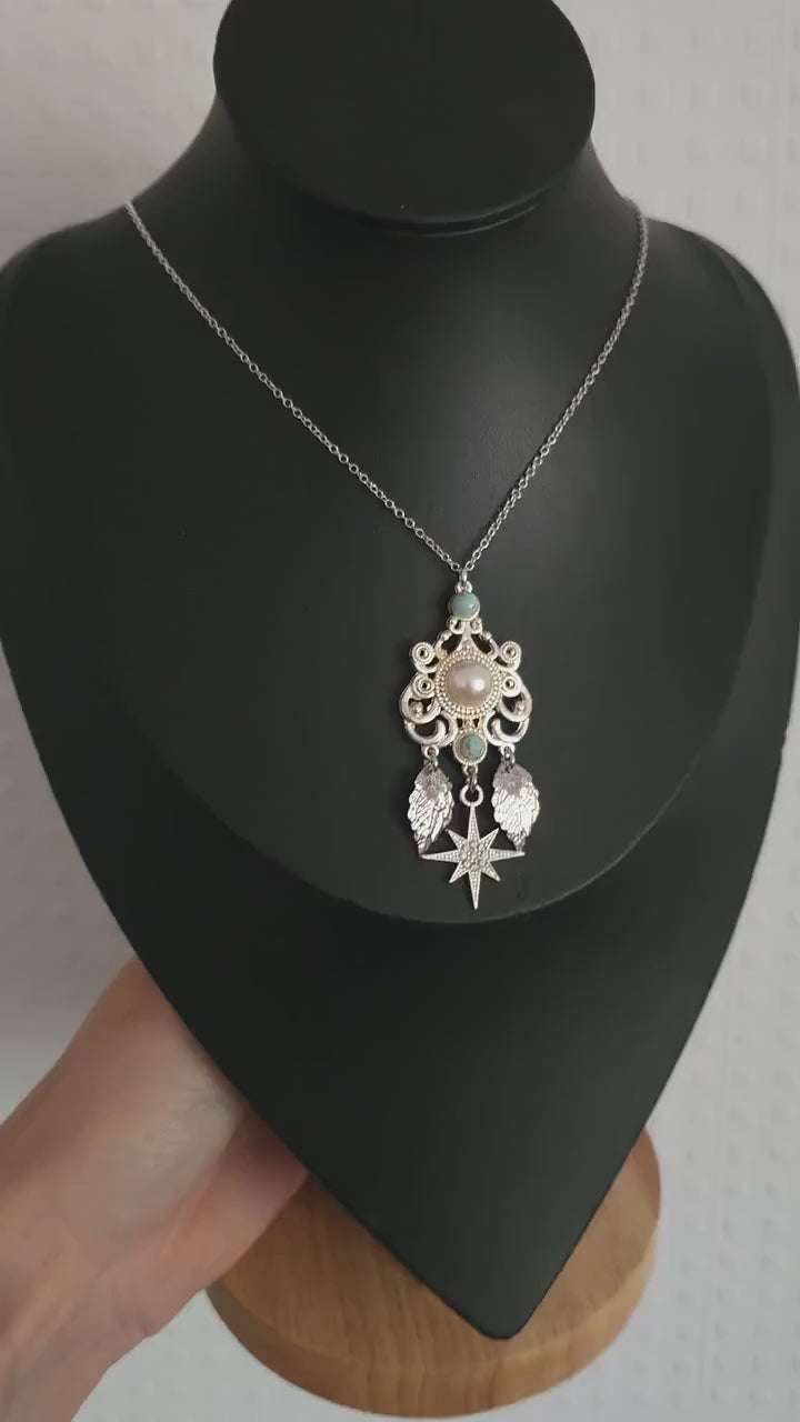 Fantasy Halskette mit Perlen Cabochon & Türkis ~ Edelstahl Kette ~ Elbenschmuck