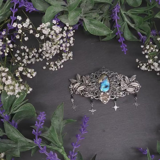 Labradorit Haarspange – mit Sternen, Zweigen und blauen Perlen - Mysticher Fantasy Haarschmuck