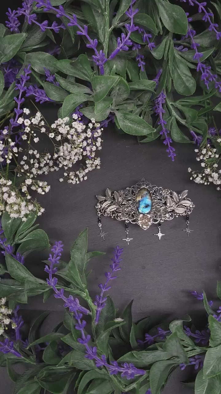 Labradorit Haarspange – mit Sternen, Zweigen und blauen Perlen - Mysticher Fantasy Haarschmuck