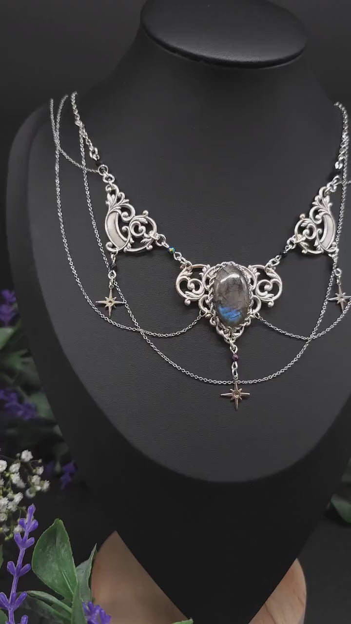 Art Nouveau Collier mit blauem Labradorit - Edelstahlsterne – Handgefertigte Halskette mit tschechischen Perlen – Größenverstell