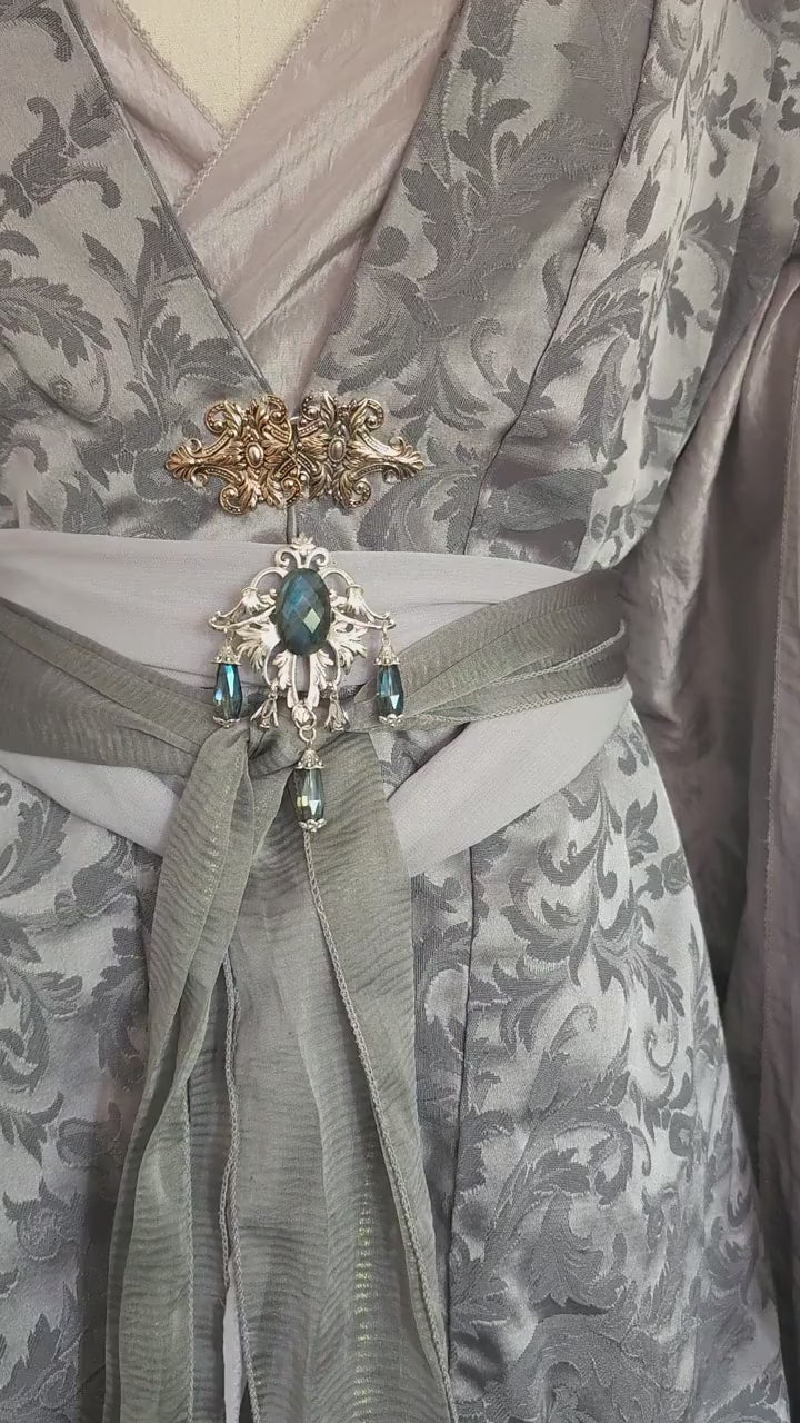 Labradorit Brosche Silber ~ Fantasy Gürtelbrosche mit Glasperlen ~ Art Nouveau Schmuck ~ Elbischer Schmuck ~
