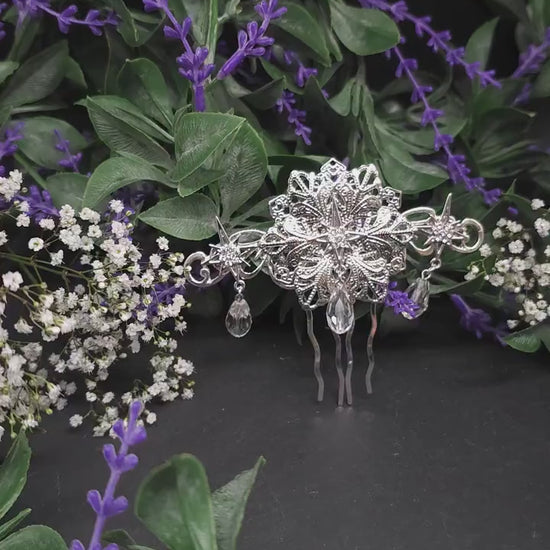 Silberner Braut-Haarkamm - mit Sternen und Kristalltropfen –Hochzeits-Haarschmuck - Fantasy Accessoire