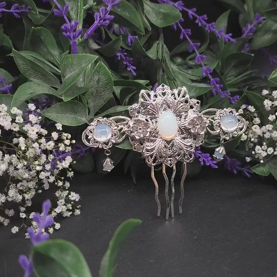 Jugendstil Haarkamm mit Opalith – Silberfarbener Braut Haarschmuck im Elfenstil - Fantasy Hochzeit Accessoire