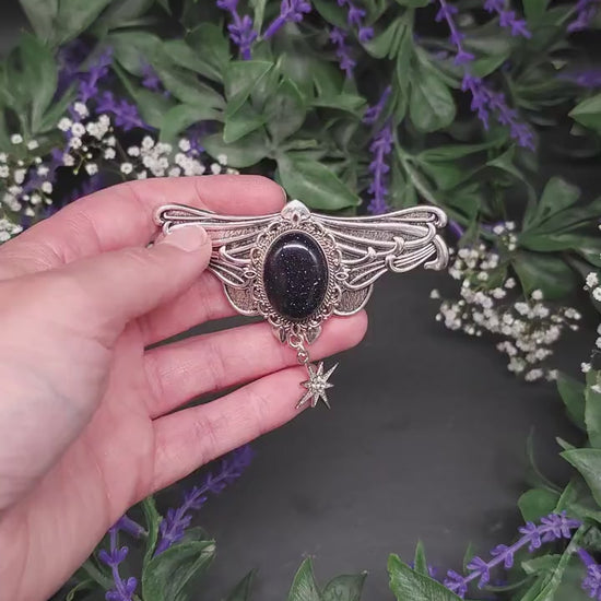 Silberne Jugendstil Haarspange mit Blaufluss Cabochon - Sternanhänger – Schmetterlings Vintage Design
