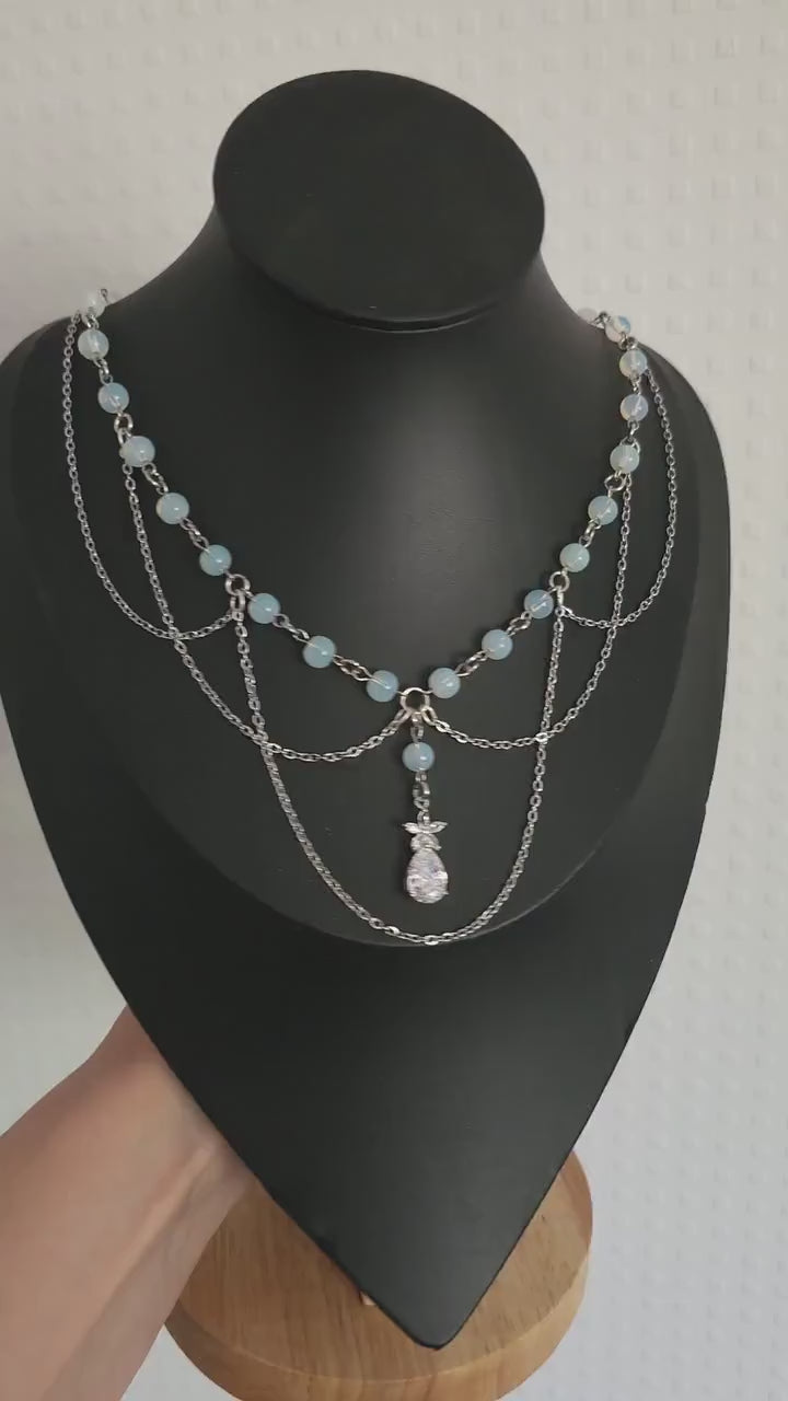 Opalith Perlen Halskette ~ Zirkonia Collier ~ Braut Schmuck ~ Celestial Kette ~ Größenverstellbar