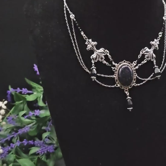 Elegantes Blaufluss Collier ~ Viktorianisches Choker ~ Gothic Witchy Schmuck ~ Rhodium & Edelstahl ~ Dark Academia ~ Größenverstellbar