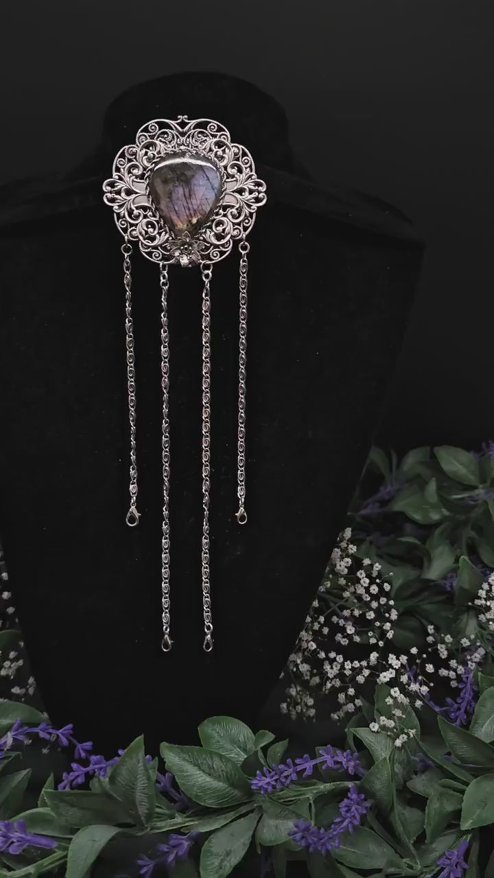 Art Nouveau Chatelaine Clip: Labradorite Stone, Costume Accessory