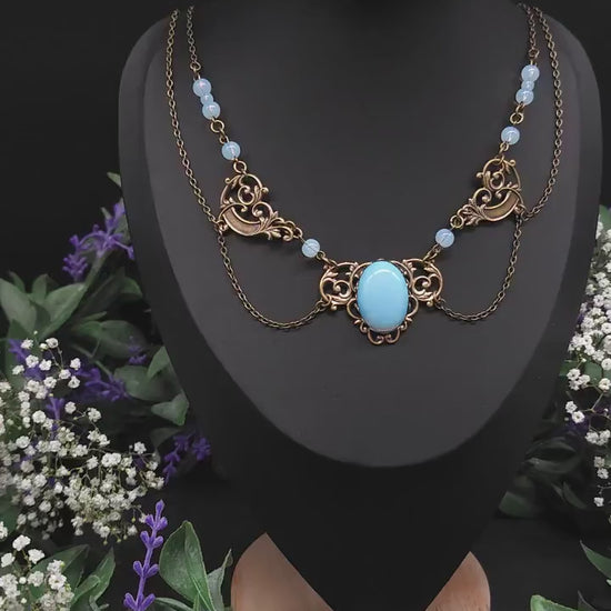 Art Nouveau Collier mit Opalith Cabochon & Perlen - Elfischer Jugendstil Schmuck - Größenverstellbare Halskette