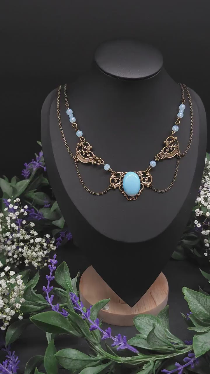 Art Nouveau Collier mit Opalith Cabochon & Perlen - Elfischer Jugendstil Schmuck - Größenverstellbare Halskette