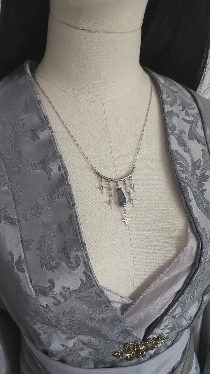 Edelstahl Halskette mit blaugrauer Glasperle ~ Stern Choker ~ Celestial Schmuck ~ Fantasy Accessoire ~ Sternenschmuck