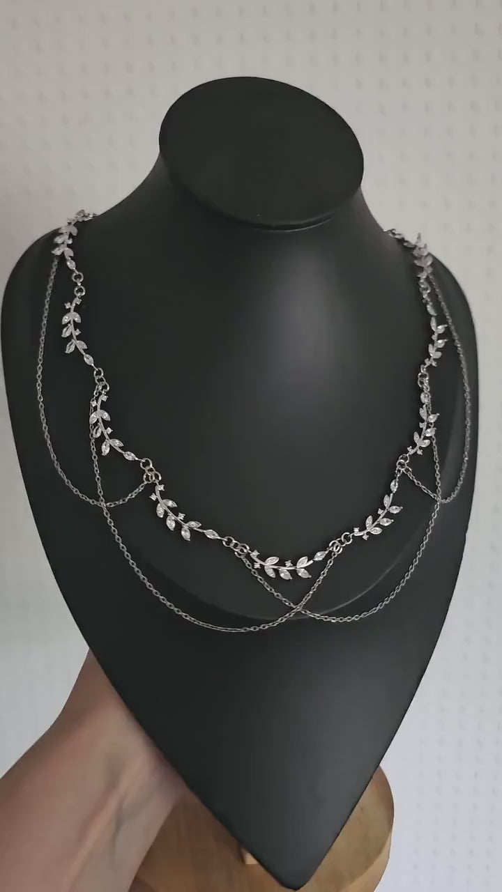 Braut Halskette mit Zirkonia ~ Größenverstellbares Collier aus Edelstahl ~ filigrane Zweige ~ Fantasy Schmuck