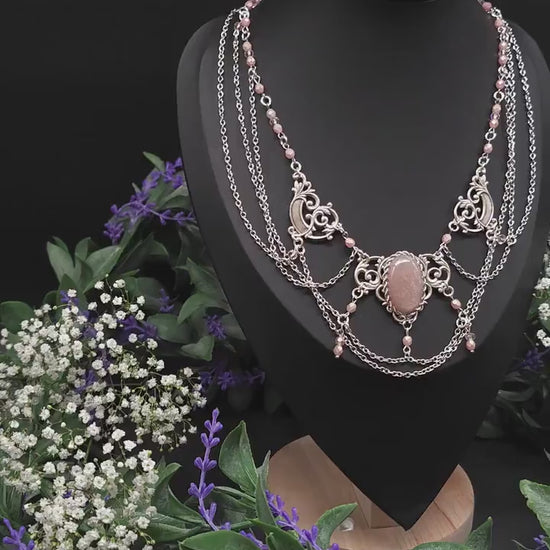 Pfirsich Mondstein Collier - tschechische facettierte Perlen – Art Nouveau Halskette, Größenverstellbarer Jugendstil Schmuck