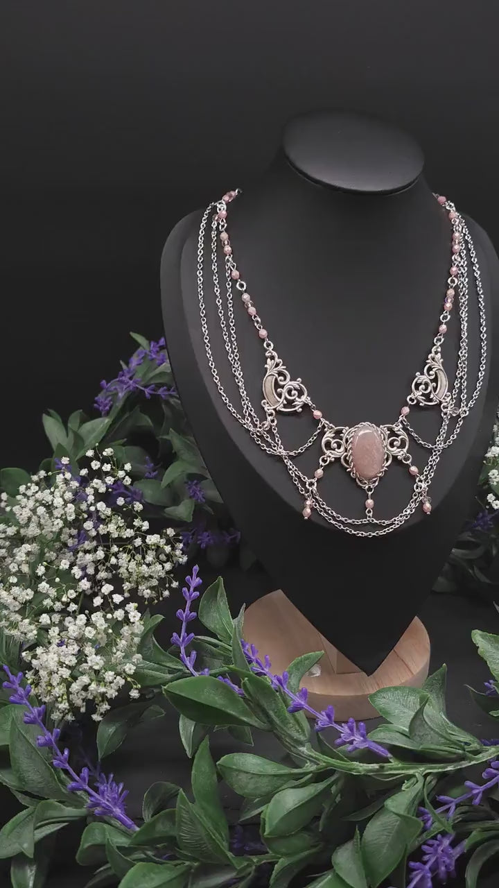 Pfirsich Mondstein Collier - tschechische facettierte Perlen – Art Nouveau Halskette, Größenverstellbarer Jugendstil Schmuck