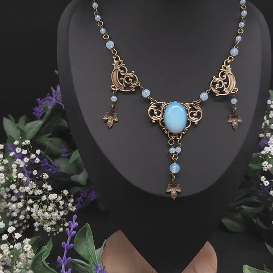 Bronzefarbenes Art Nouveau Collier - Opalithperlen & Blattanhängern - Größenverstellbare Jugendstil Halskette - romantischer Schmuck