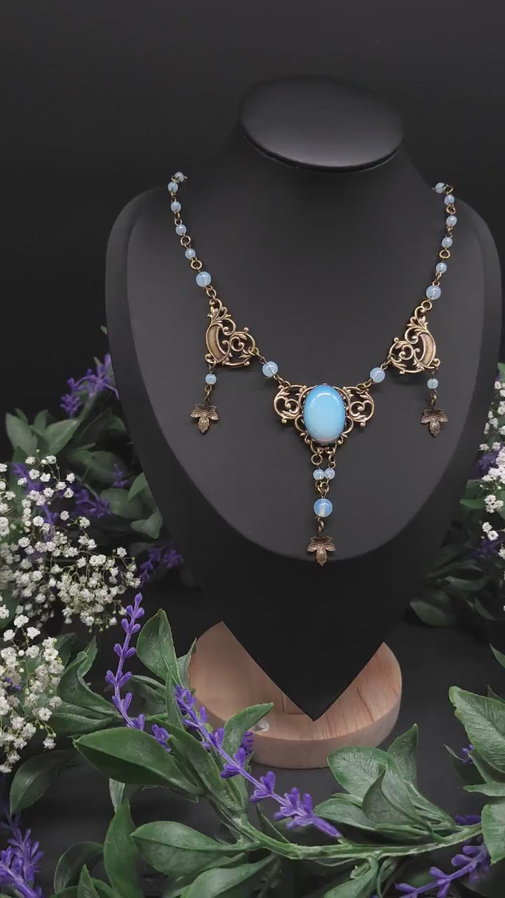 Bronzefarbenes Art Nouveau Collier - Opalithperlen & Blattanhängern - Größenverstellbare Jugendstil Halskette - romantischer Schmuck