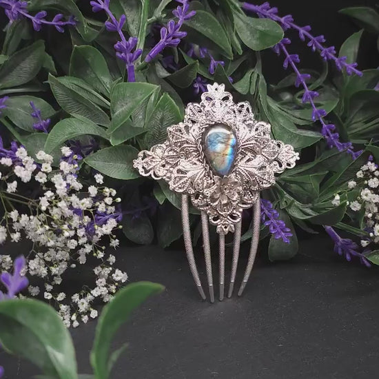 Haarkamm mit Labradorit Cabochon ~ für Brautfrisur, Mittelalter, Fantasy, Hochzeiten ~ Haarspange ~ Einzigartiger Schmuck  ~ Haarnadel ~