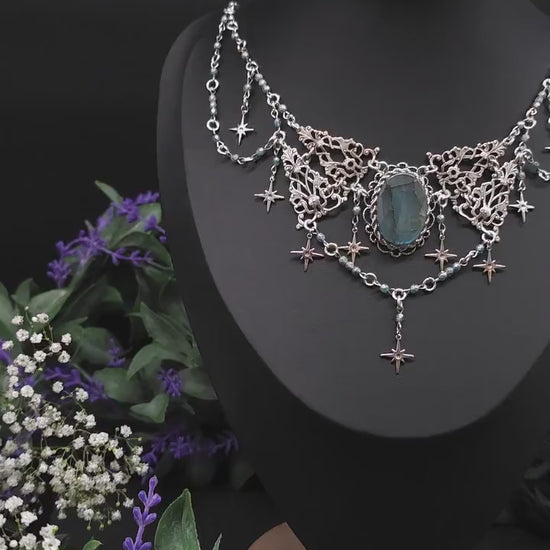 Art Nouveau Collier mit türkisblauem Labradorit - Fantasy Halskette - Braut / Hochzeits-Schmuck