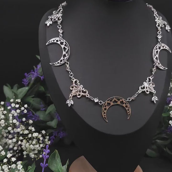 Edelstahl Mond Collier mit Zirkonia – Größenverstellbare Jugendstil Halskette, Fantasy & mystischer Schmuck