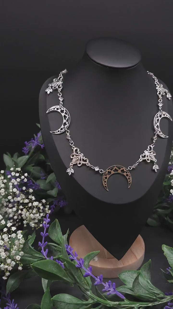 Edelstahl Mond Collier mit Zirkonia – Größenverstellbare Jugendstil Halskette, Fantasy & mystischer Schmuck
