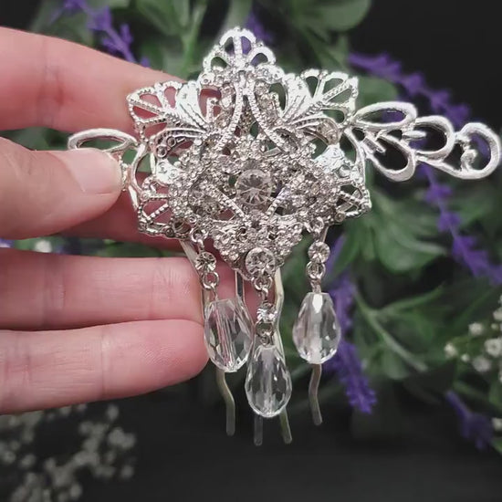 Silver Rhinestone Hair Comb: Bridal, Wedding, LARP, Gothic, Fantasy Jewelry