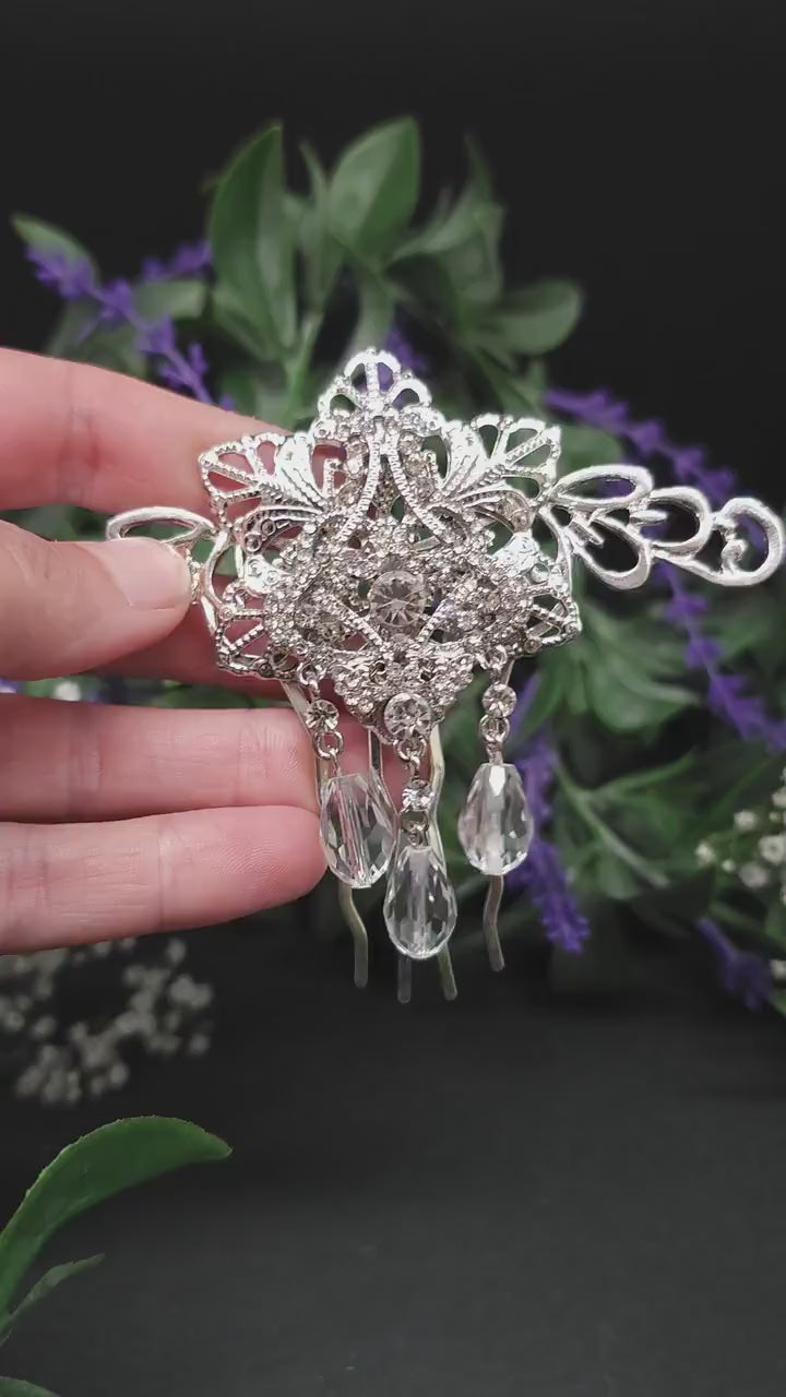 Silver Rhinestone Hair Comb: Bridal, Wedding, LARP, Gothic, Fantasy Jewelry