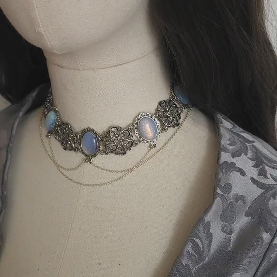 Opalith Choker Silber • Gothic Boho Halskette • Verstellbarer Halsschmuck • 925 Silber Kette • Fantasy Schmuck • Glas Opal •Geschenk für sie