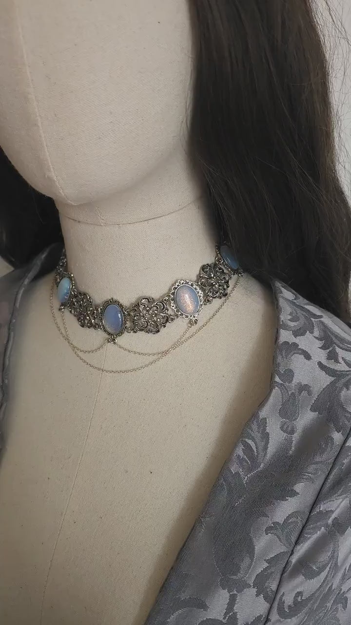Opalith Choker Silber • Gothic Boho Halskette • Verstellbarer Halsschmuck • 925 Silber Kette • Fantasy Schmuck • Glas Opal •Geschenk für sie