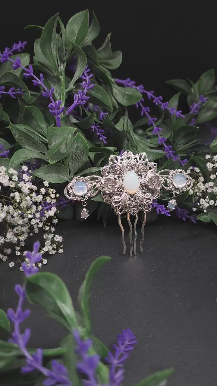 Jugendstil Haarkamm mit Opalith – Silberfarbener Braut Haarschmuck im Elfenstil - Fantasy Hochzeit Accessoire