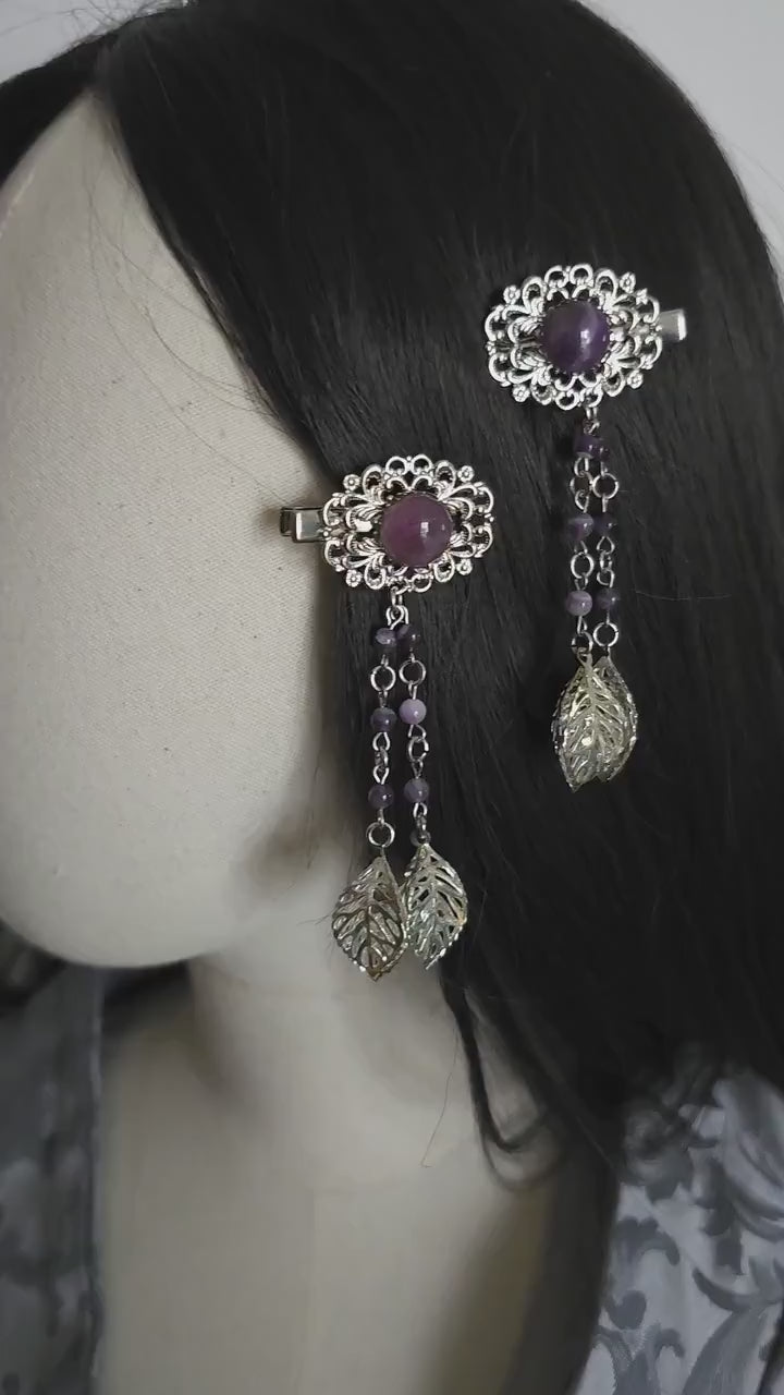 Haarclips mit Amethysten (2 Designs), fantasievolle Haarspangen, Vintage Spangen, Haar-Accessoire, Gothic, Wicca, Renaissance Faire