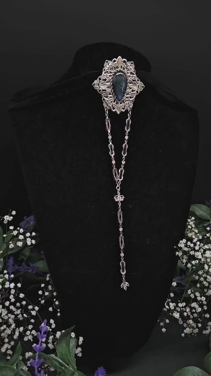 Filigrane elfenhafte Brosche ~ Labradorit Brosche ~ Dekorativer Pin für Bräute und Hochzeiten ~ Vintage Schalnadel ~ Brosche für Fantasy