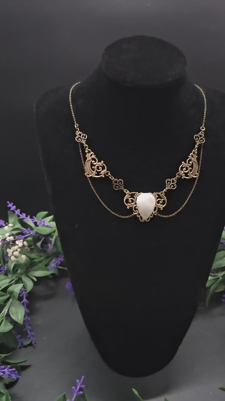 Art Nouveau Mondstein Halskette ~ filigrane Mond Kette ~ Jugendstil Collier ~ Größenverstellbar ~
